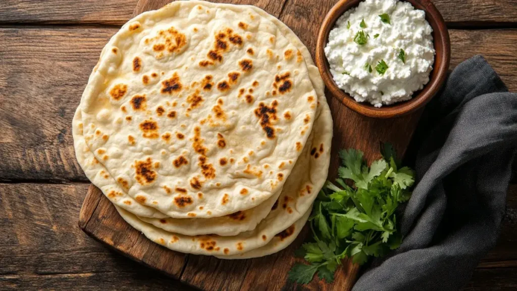 Golden brown cottage cheese flatbreads stacked on a wooden board with cottage cheese and herbs.