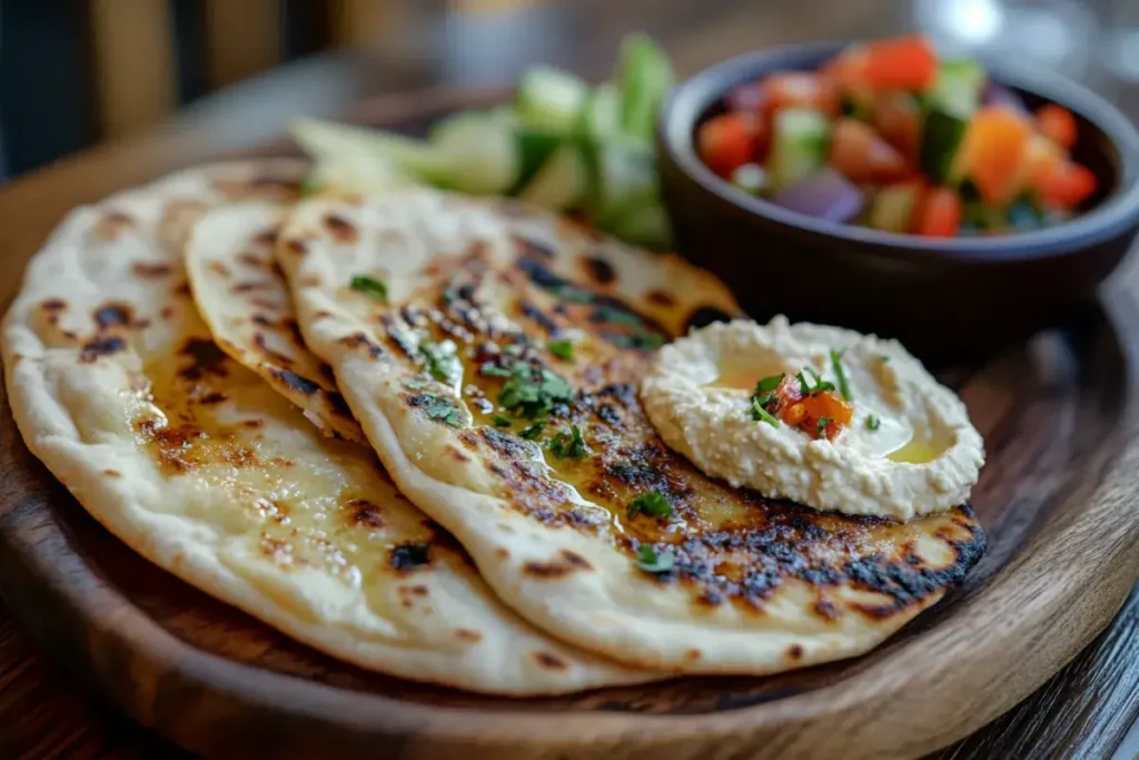 Freshly cooked cottage cheese flatbreads served with hummus and vegetables.