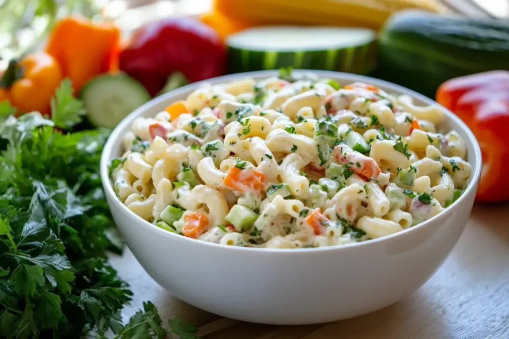 A bowl of Ditalini Macaroni Salad with vegetables and herbs.