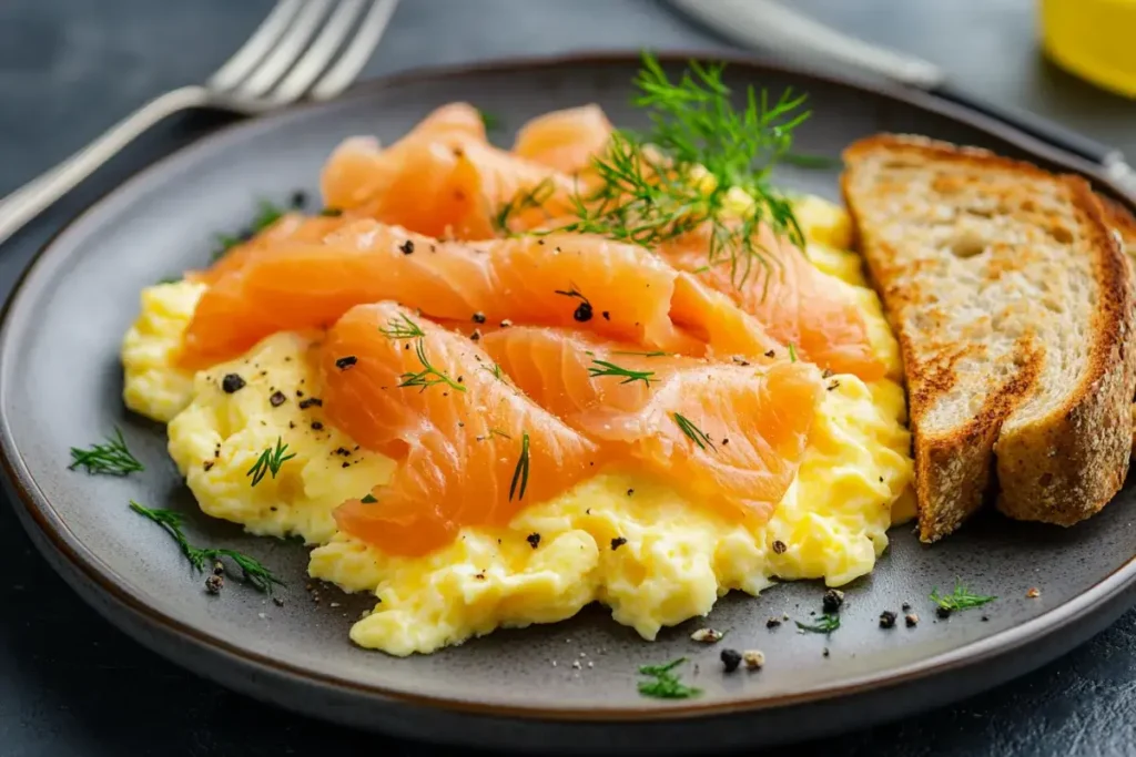 Scrambled eggs with smoked salmon and dill