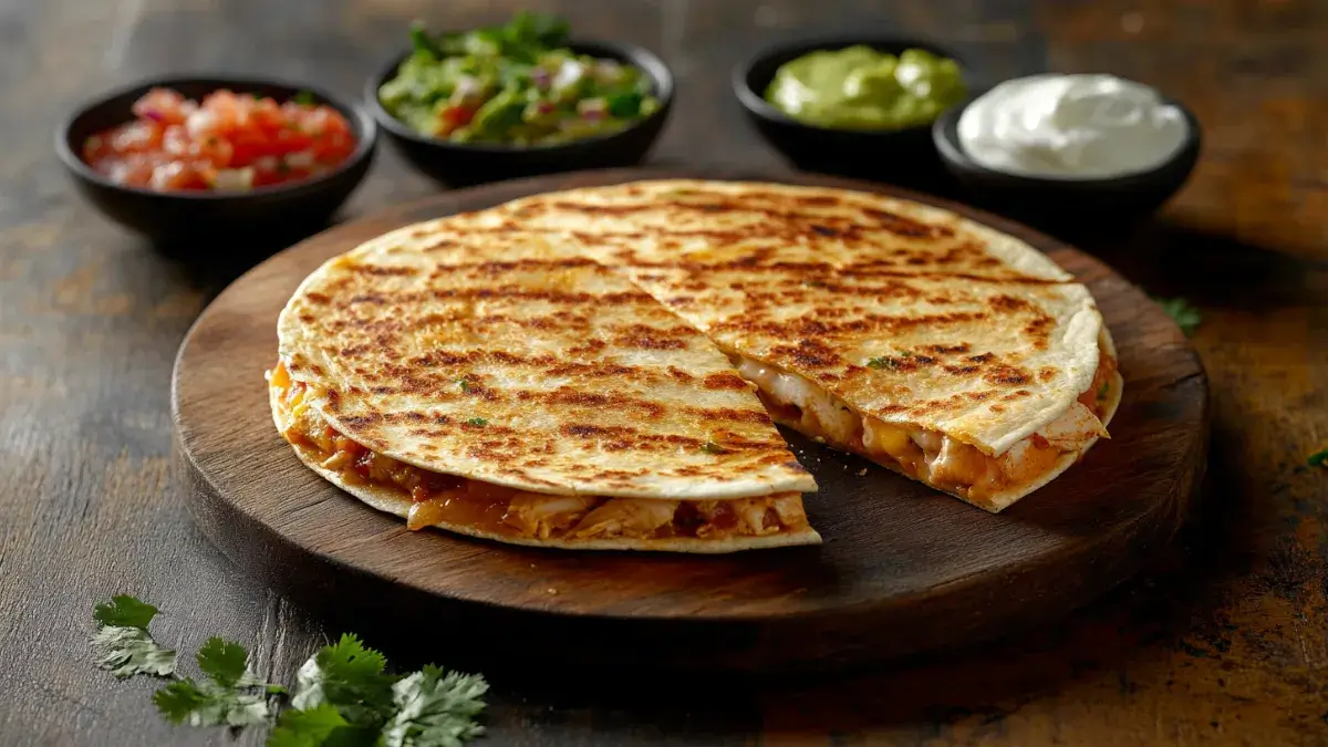 Golden crispy chicken quesadilla with melted cheese served with salsa, guacamole, and sour cream.