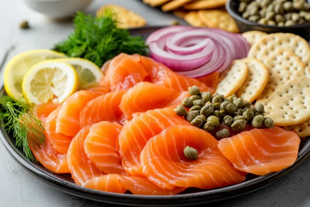 DIY smoked salmon party platter with toppings