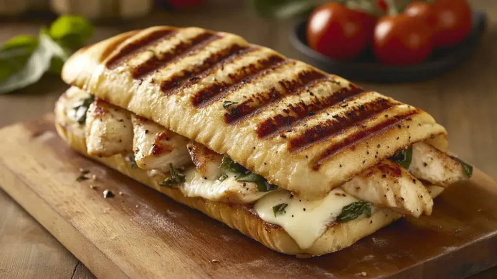 Golden brown chicken panini with mozzarella, basil, and grill marks.