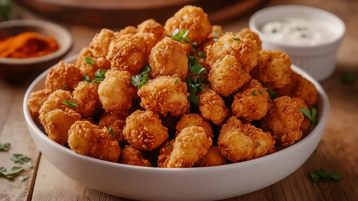 Crispy golden popcorn chicken with ranch dipping sauce