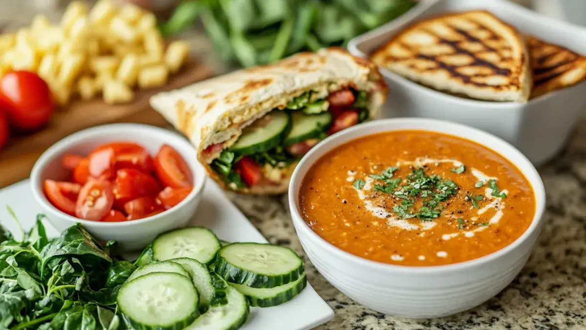 Homemade recipes for lunch at home featuring veggie wraps, grilled cheese, and tomato soup on a kitchen counter.