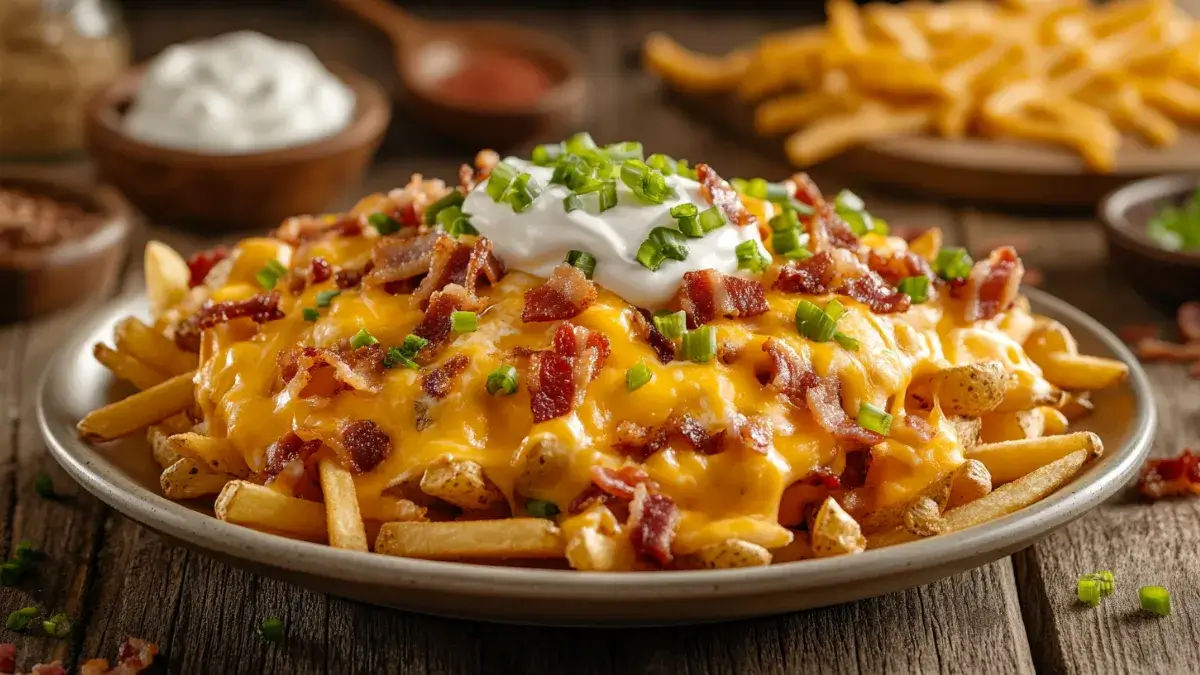 Loaded fries topped with cheese, bacon, sour cream, and green onions.