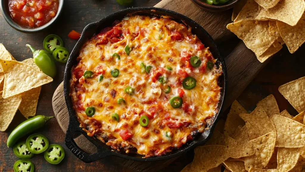 Smoked queso dip in a cast iron skillet with tortilla chips and jalapeños.