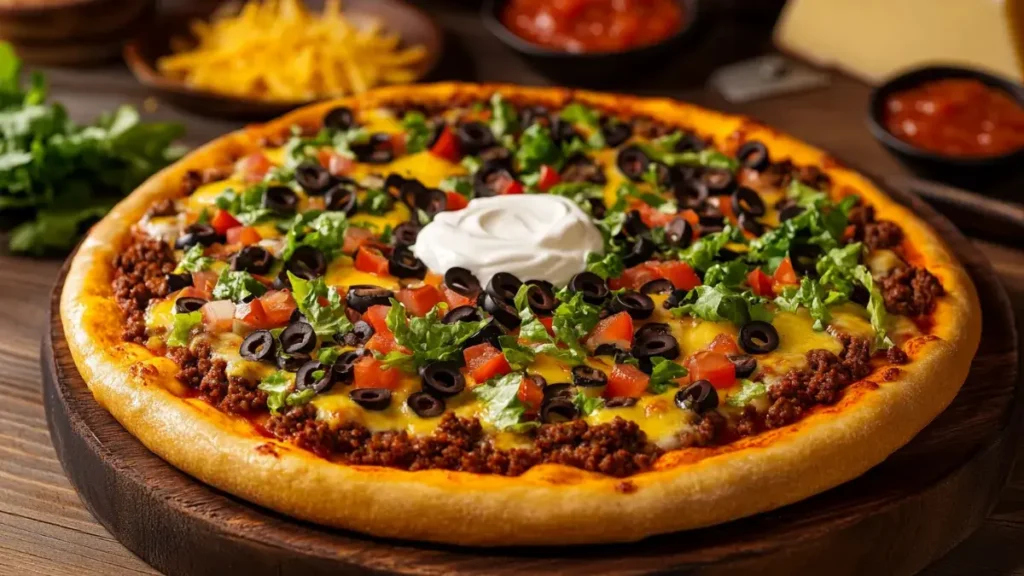 Freshly baked taco pizza with ground beef, lettuce, and diced tomatoes on a wooden pizza board.