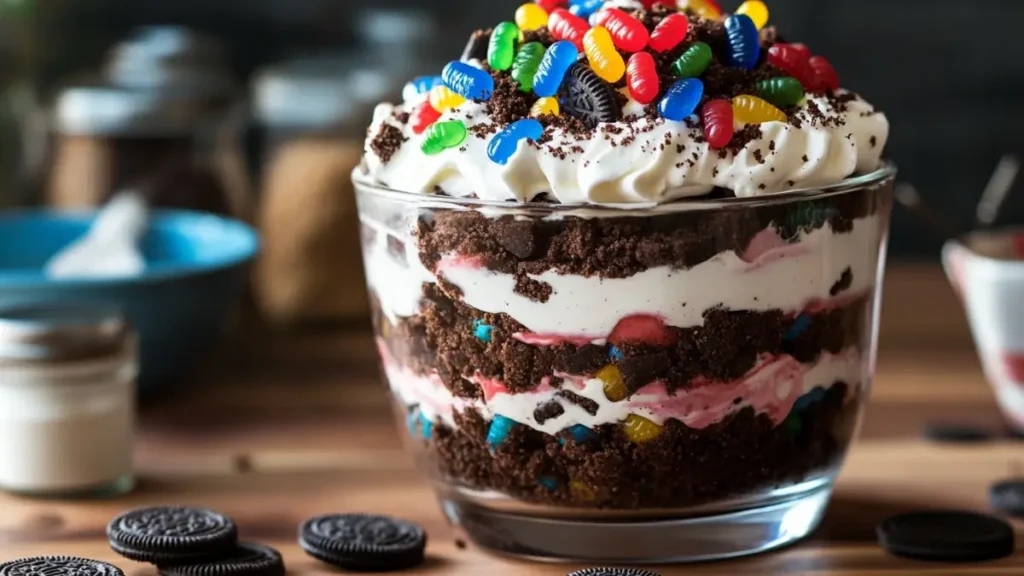 Layered dirt cake recipe featuring crushed Oreo cookie crumbs, chocolate pudding, whipped topping, and gummy worms in a glass bowl.