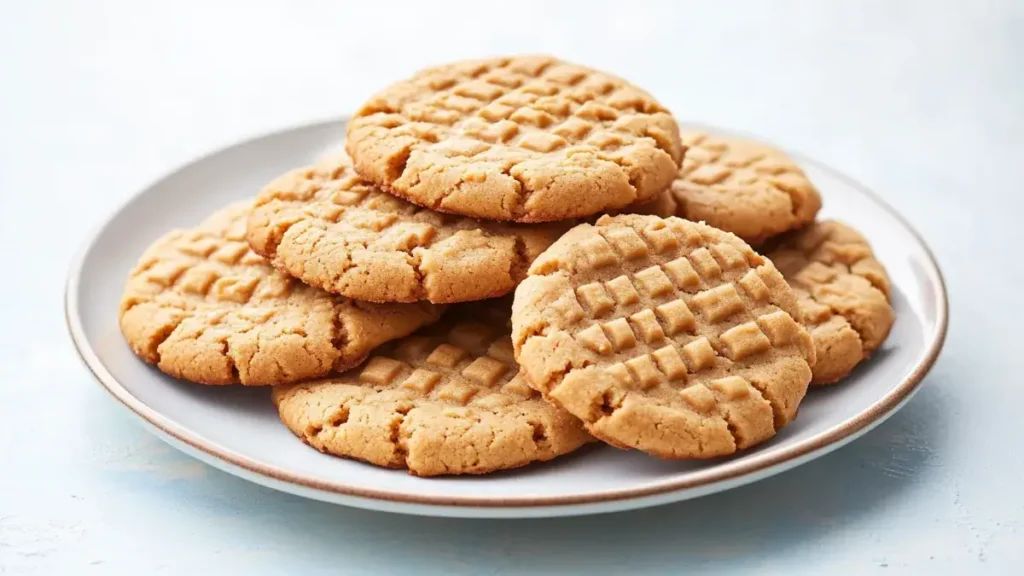 4 ingredient peanut butter cookies stacked on a plate