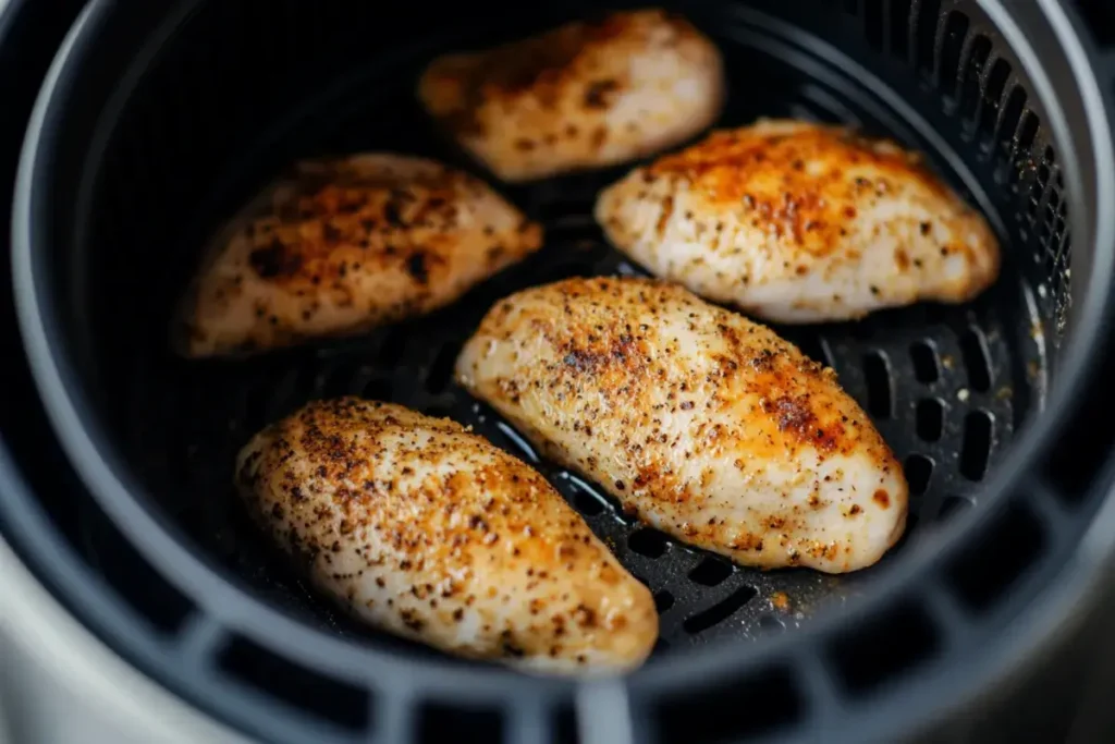 Air fryer set to 375°F with halfway flip of frozen chicken breast.