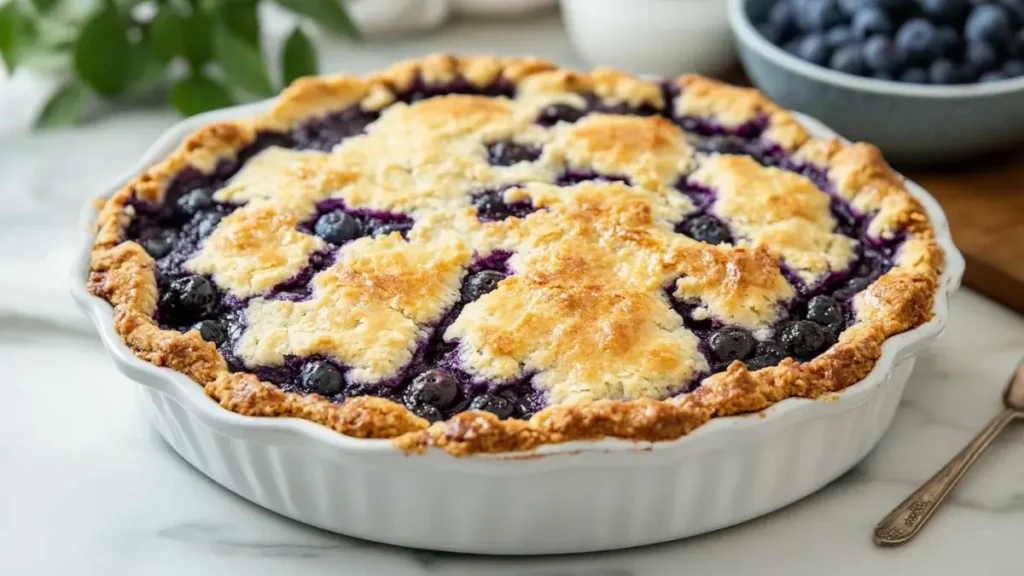 Freshly baked blueberry cobbler with a golden, crispy topping