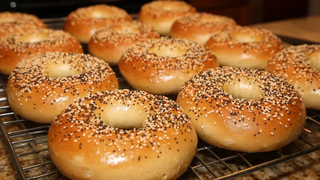 Freshly baked gluten-free bagels with various toppings on a cooling rack.