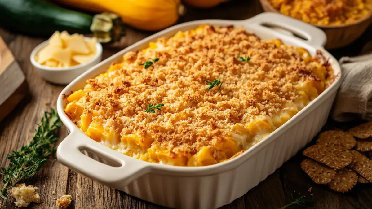 Baked squash casserole with golden cracker topping on a rustic table.