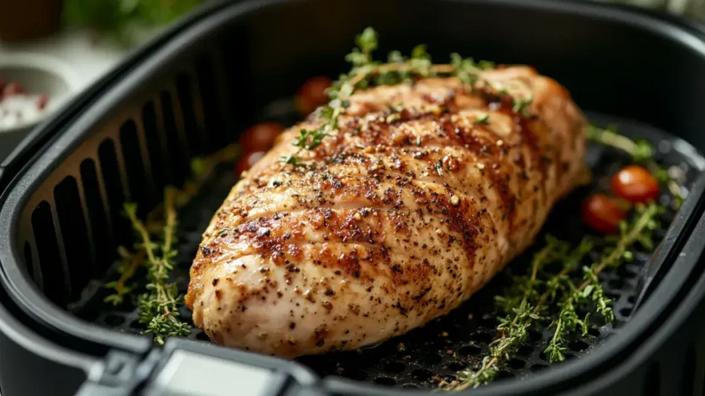 Frozen chicken breast cooked in an air fryer with crispy seasoning.