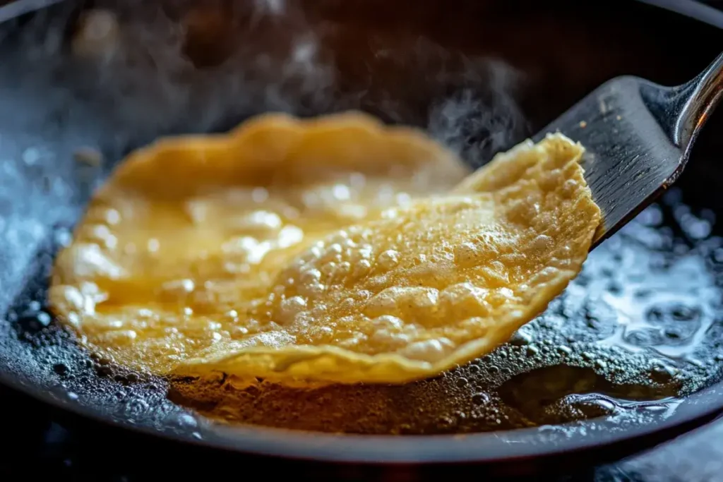 Chalupa shell frying in a skillet to a golden crisp.