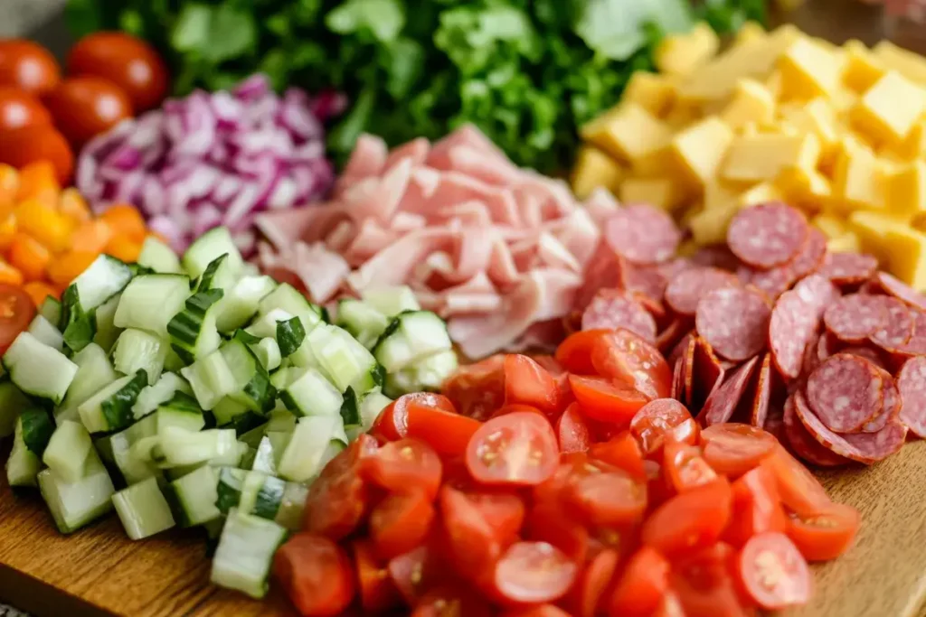 Grinder salad ingredients – Shredded lettuce, deli meats, cheese, tomatoes, onions, and peppers on a cutting board.