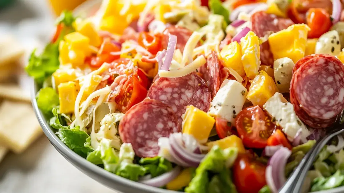 Grinder Salad Recipe – Fresh salad with deli meats, cheese, and creamy dressing in a large bowl.