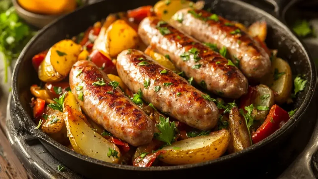 Turkey sausage breakfast skillet with crispy potatoes and bell peppers.