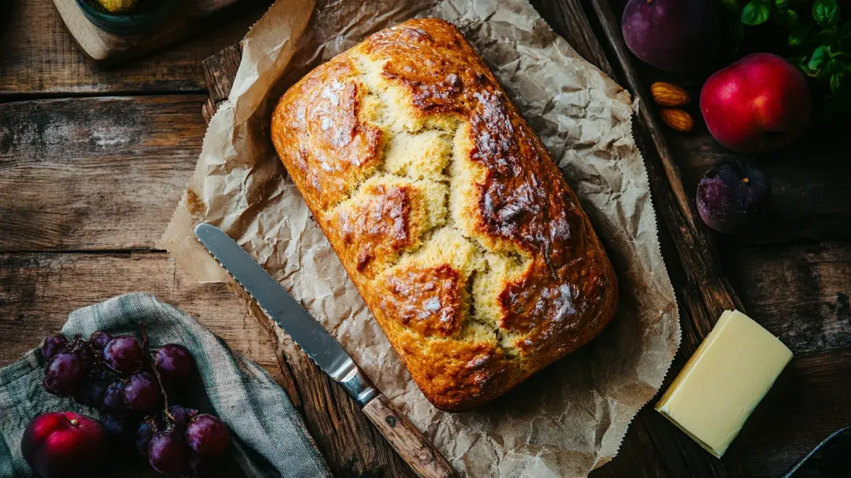 Golden brown sweet bread loaf on a rustic table