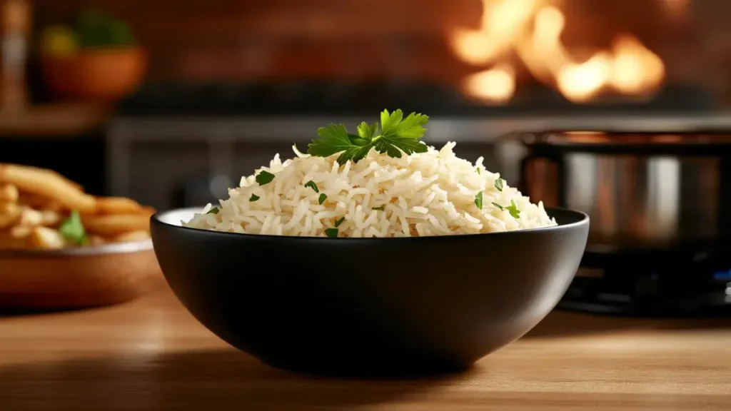 Perfectly cooked basmati rice in a bowl with parsley garnish.