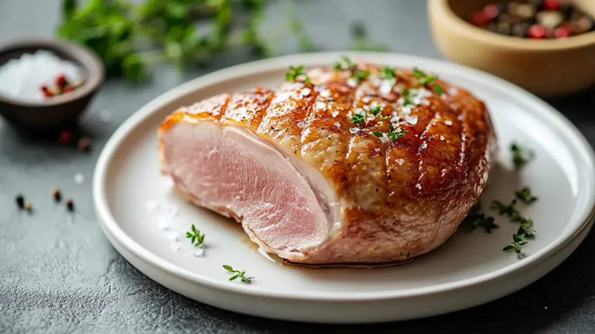 Perfectly cooked duck breast slices on a plate with sea salt and herbs