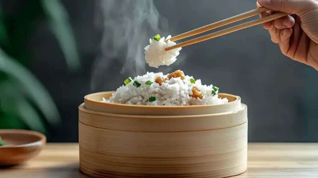 Perfectly cooked sticky rice in bamboo steamer with chopsticks