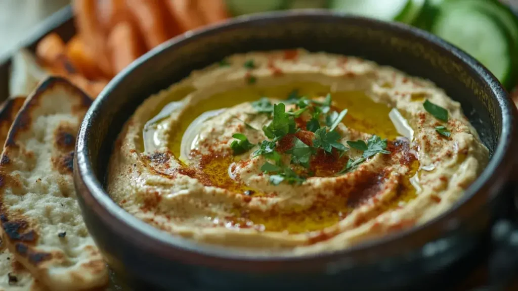 Creamy hummus without tahini served with pita bread and vegetables