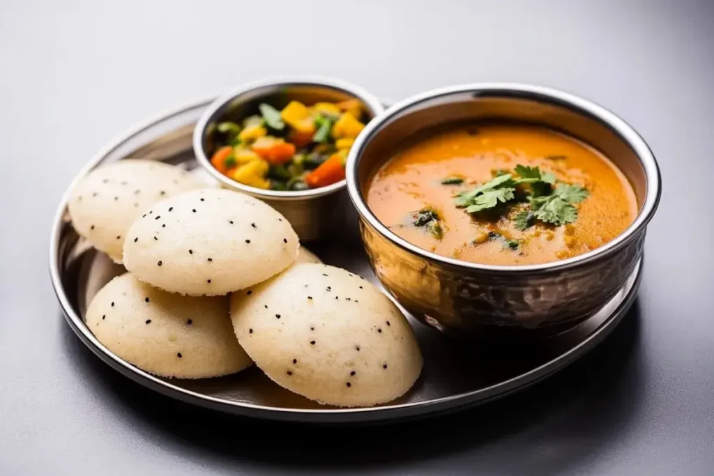 Steaming hot idlis with sambar and coconut chutney.