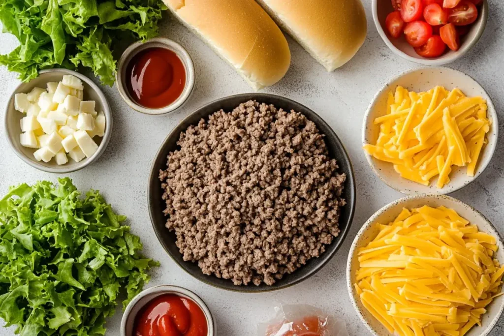 Ingredients for a chopped cheese recipe including ground beef, cheese, lettuce, and hoagie rolls.