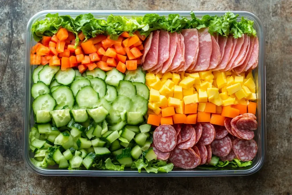 Layered grinder salad for meal prep in a container – Lettuce, deli meats, cheese, and dressing.