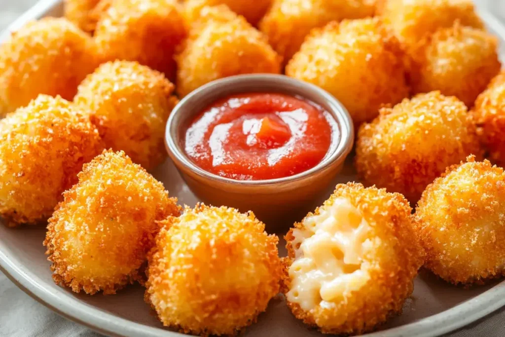 Crispy mac & cheese bites with a dipping sauce.