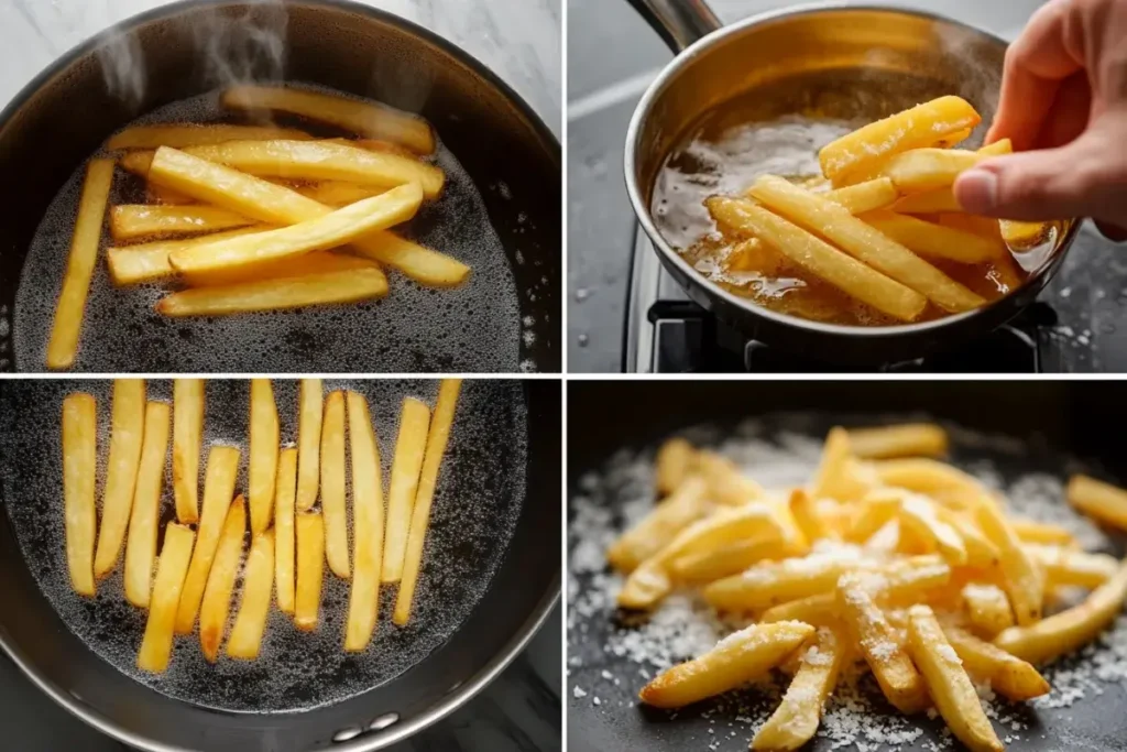 Step-by-step visual of preparing crispy fries, from slicing russet potatoes to frying.