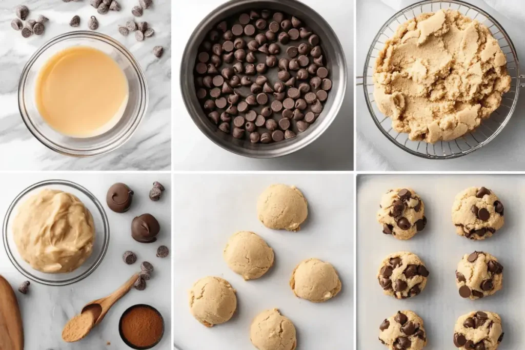 tep-by-step process of making Crumbl Chocolate Chip Cookies with dough and ingredients.