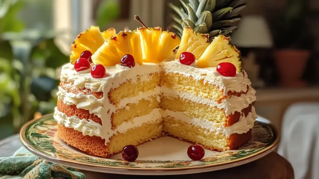 Pineapple cake topped with cream cheese frosting and pineapple slices on a cake stand.