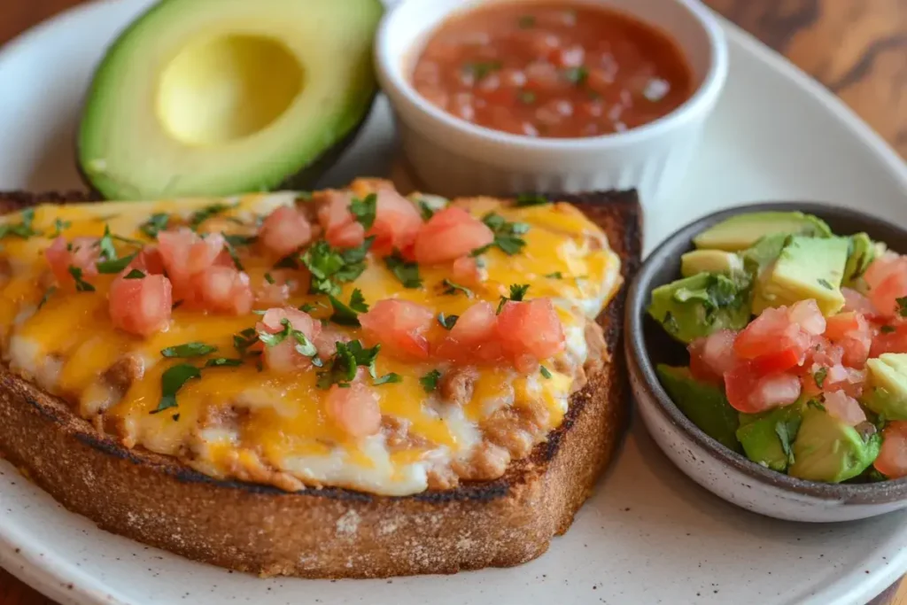 Molletes with refried beans, melted cheese, pico de gallo, and avocado slices.