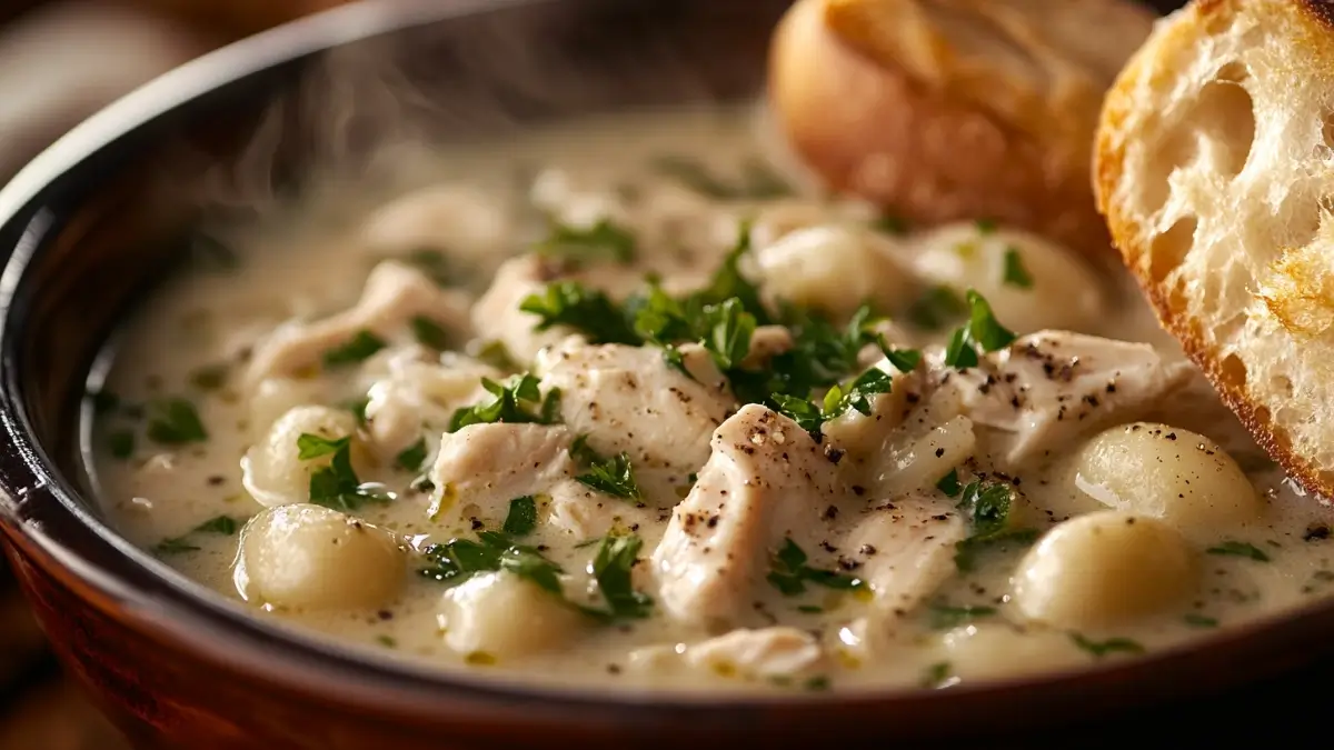 Bowl of Olive Garden Chicken and Gnocchi Soup with crusty bread.