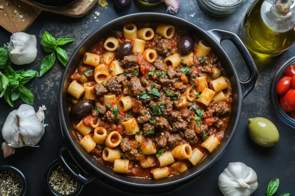 A pot of Mediterranean Ditalini with beef and marinara sauce.