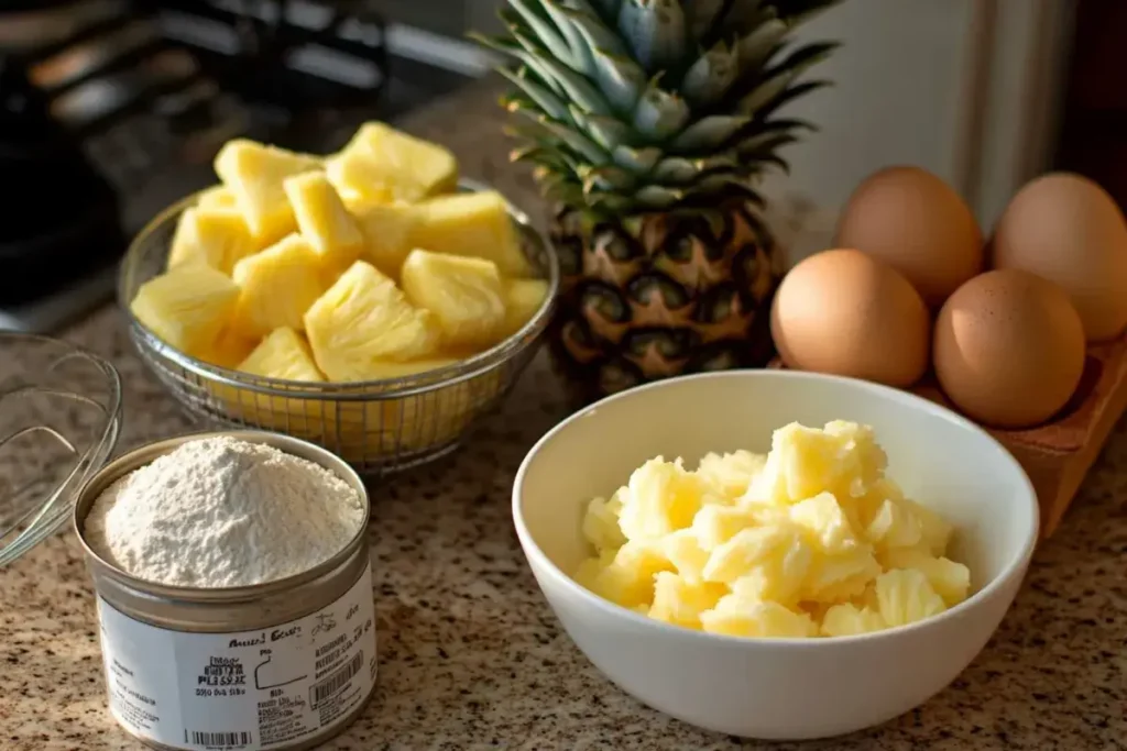 Ingredients for pineapple cake including crushed pineapple, flour, sugar, eggs, and baking soda.