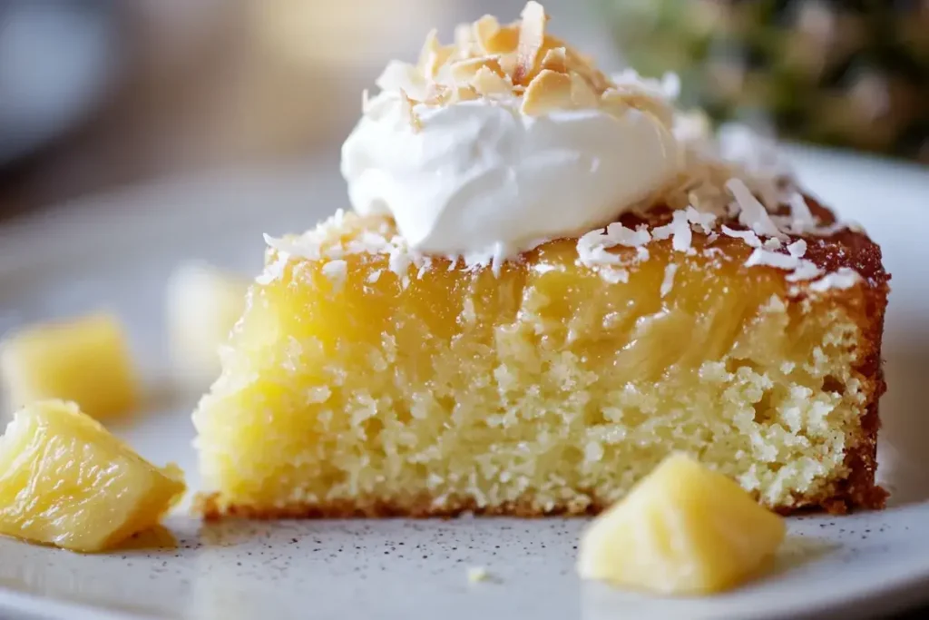 Slice of pineapple cake with whipped cream and shredded coconut on a dessert plate.