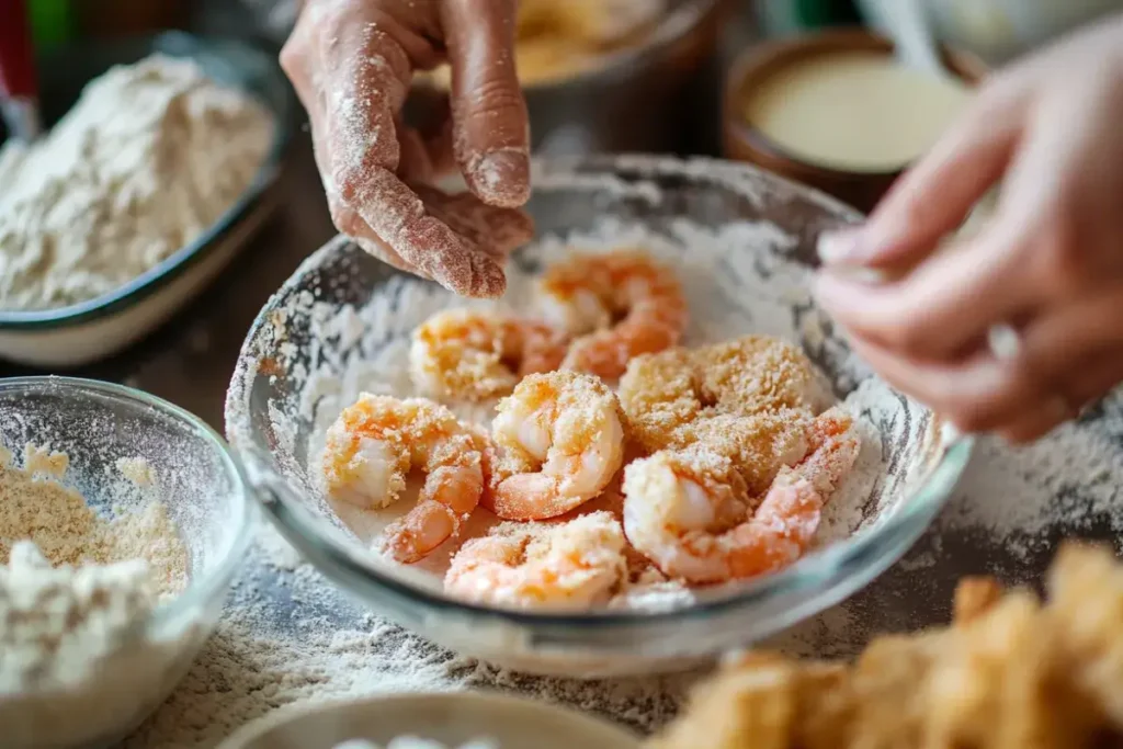 Breading popcorn shrimp in flour, eggs, and breadcrumbs