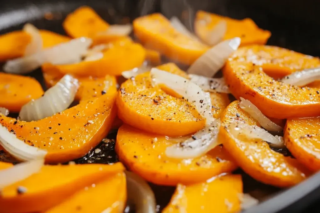 Sliced yellow squash sautéing with onions in a skillet.