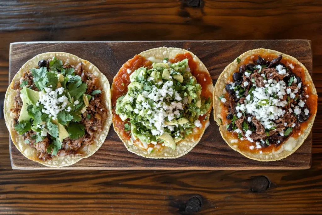 Three regional Mexican chalupas with different toppings: salsa, beans, and meat.