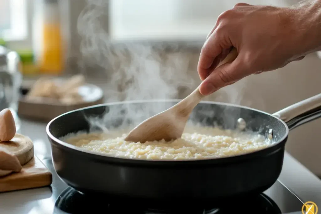 Rice pudding simmering in a pot, being stirred gently.