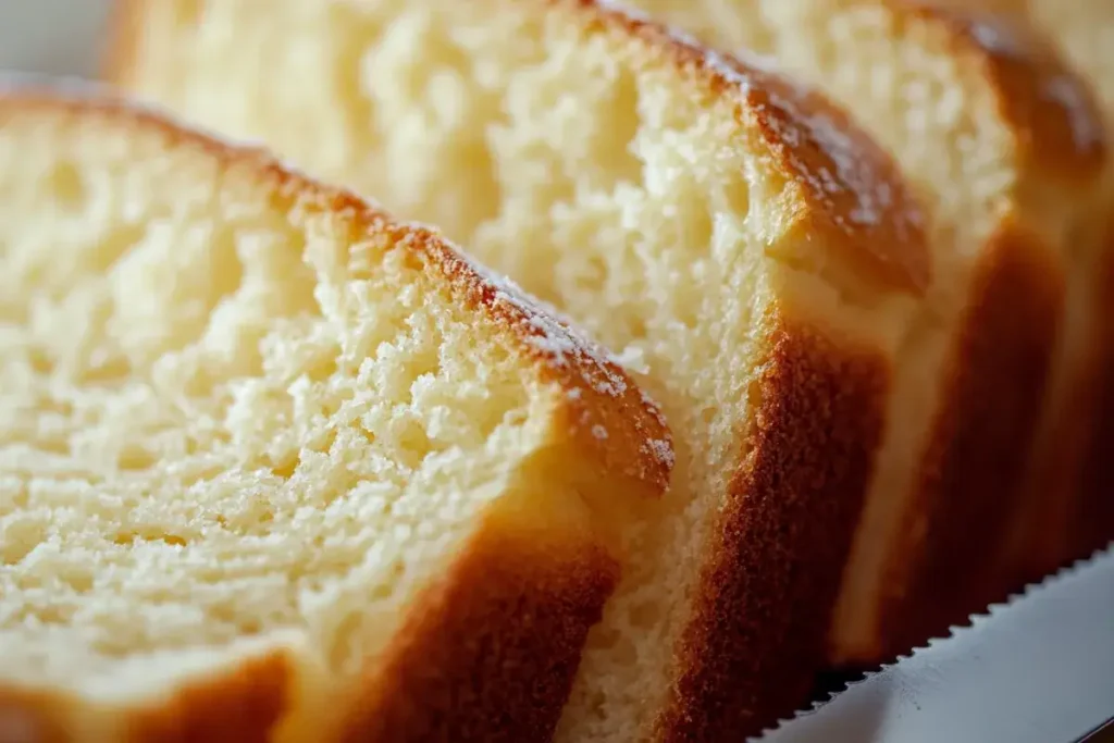 Sliced sweet bread showing moist, fluffy texture