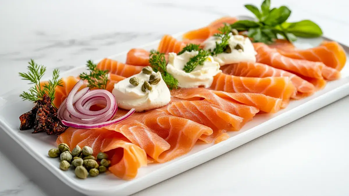 Elegant smoked salmon platter with garnishes"