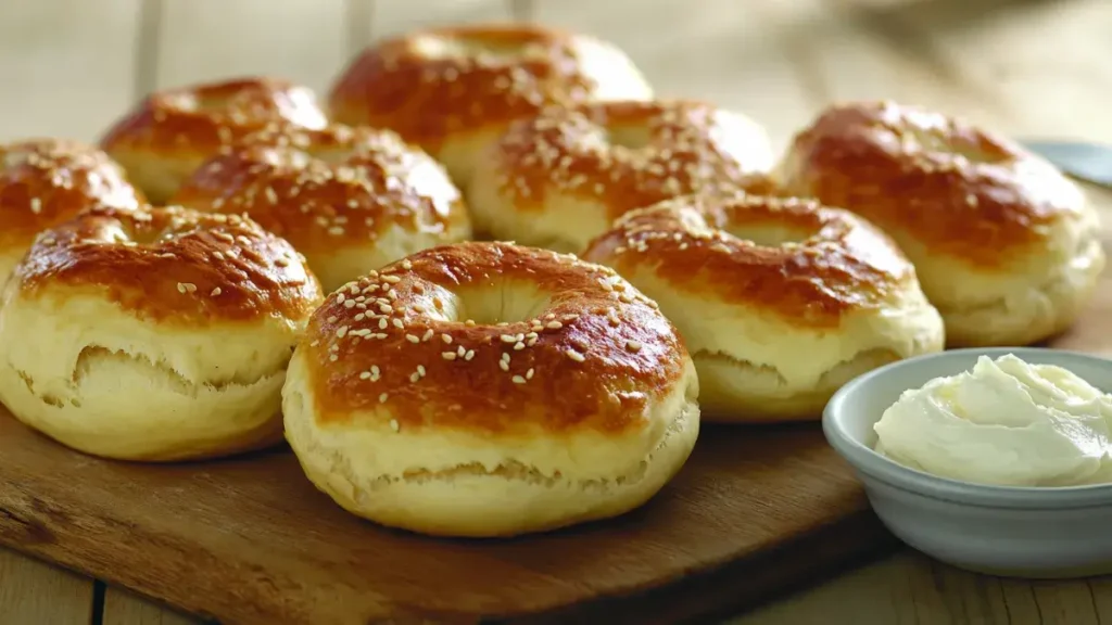 Freshly baked sourdough bagels on a wooden board.