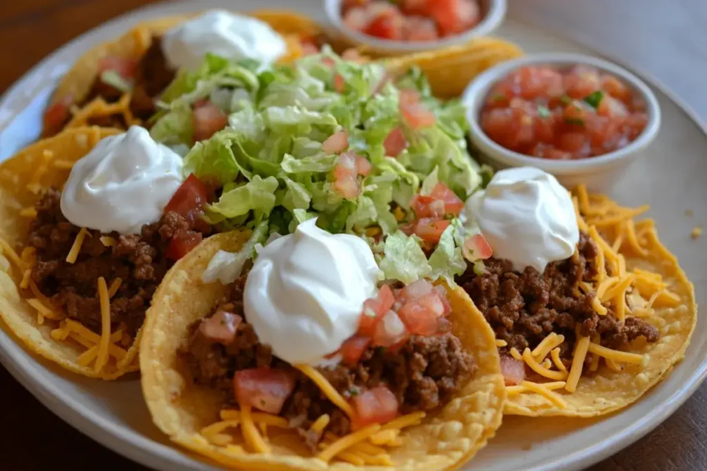 Homemade Taco Bell-style chalupas with beef, lettuce, and tomatoes.