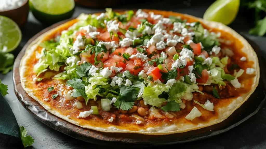 Traditional Mexican chalupa with beans, salsa, and cheese on a wooden plate.