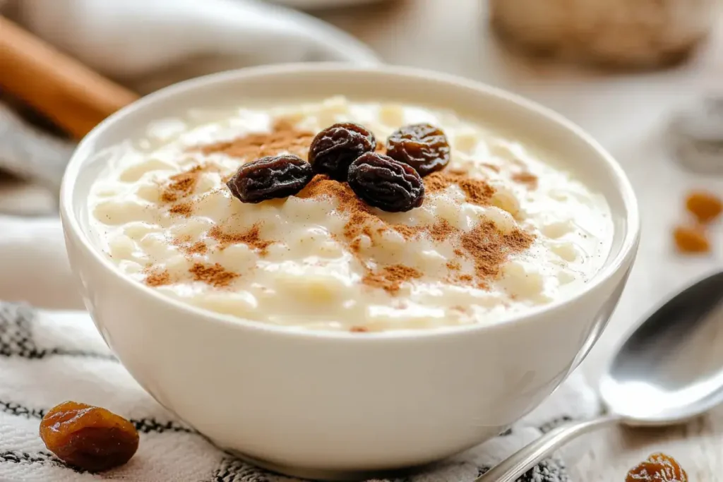 Vanilla rice pudding served with cinnamon and raisins.